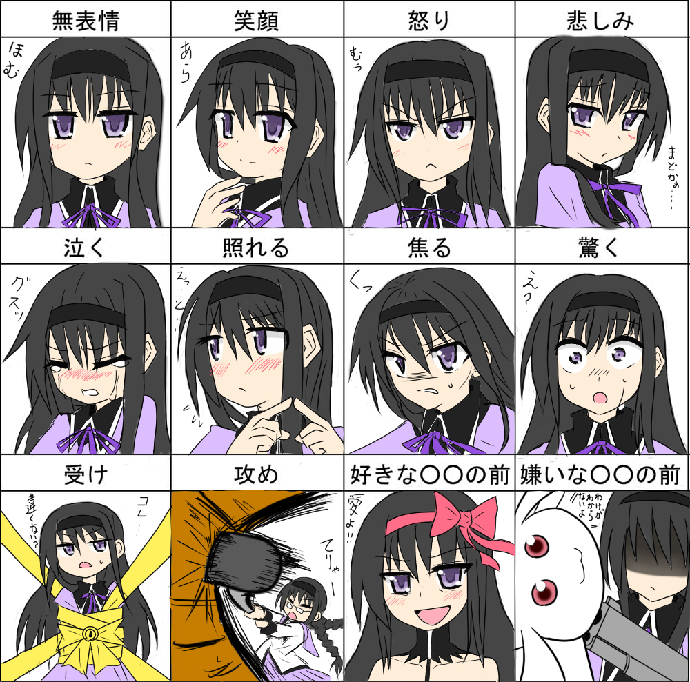 1girl :&lt; :d akemi_homura akuma_homura angry black_hair blush bow braid chart choker crying embarrassed expressions glasses gun hair_bow hairband handgun homu kyubey long_hair looking_at_viewer mahou_shoujo_madoka_magica mahou_shoujo_madoka_magica_movie open_mouth partially_translated restrained smile spoilers surprised text translation_request twin_braids violet_eyes weapon