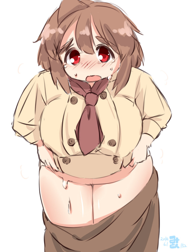 1girl ascot blush breasts brown_hair chef_uniform eno_konoe large_breasts mikomu open_mouth original plump red_eyes simple_background skirt skirt_pull solo standing sweat