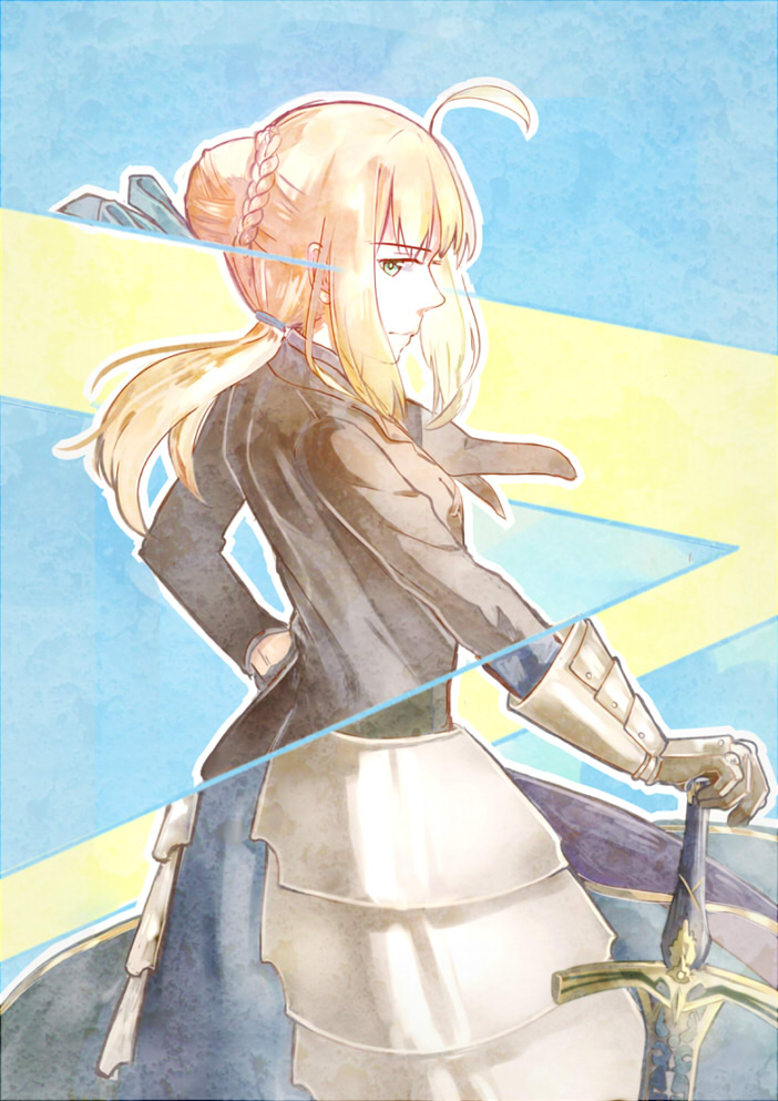 1girl ahoge armor armored_dress blonde_hair braid fate/stay_night fate/zero fate_(series) faulds formal french_braid gauntlets green_eyes hair_bun long_hair parody planted_sword planted_weapon ponytail revealing_cutout saber samurai_flamenco solo suit sword tthal weapon