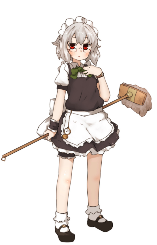 1girl amonitto apron bespectacled black_dress dress glasses izayoi_sakuya looking_at_viewer maid maid_headdress mop pocket_watch puffy_sleeves red_eyes silver_hair simple_background solo standing thigh_strap touhou waist_apron watch watch white_background