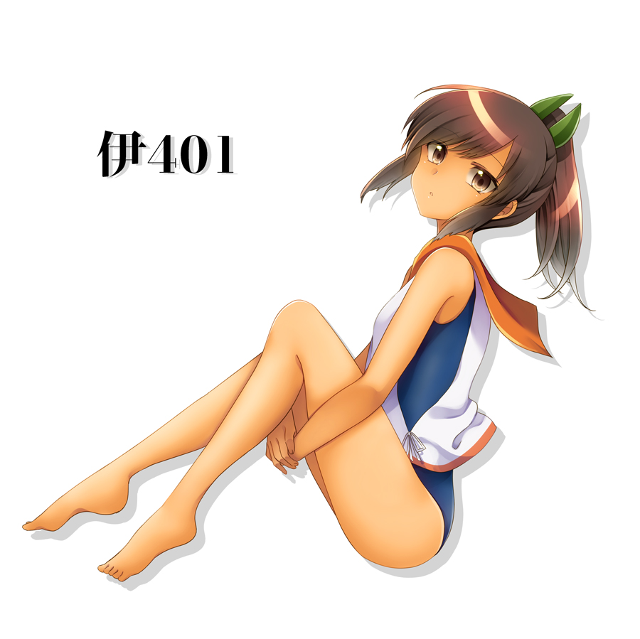 1girl barefoot brown_eyes brown_hair character_name ha_rk i-401_(kantai_collection) kantai_collection one-piece_swimsuit ponytail short_hair simple_background solo swimsuit swimsuit_under_clothes white_background