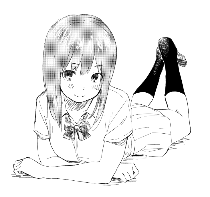 1girl looking_at_viewer lying monochrome on_stomach px8xq simple_background skirt smile solo white_background