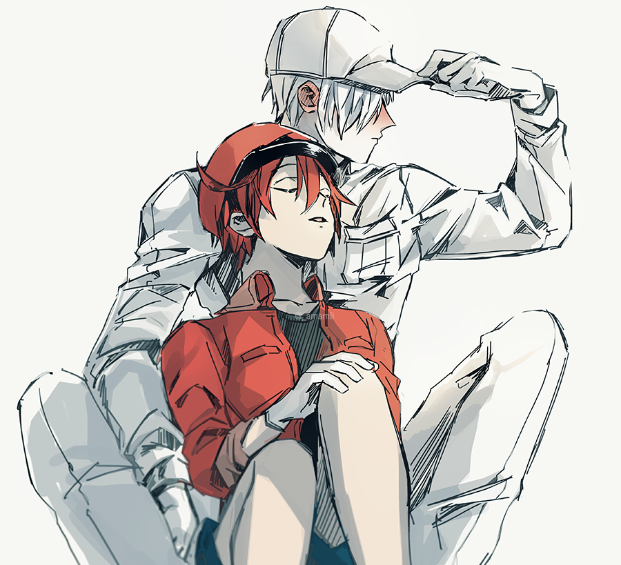 1boy 1girl ae-3803 amamli closed_eyes gloves hat hataraku_saibou jacket red_blood_cell_(hatataku_saibou) red_jacket redhead shirt short_hair shorts simple_background smile u-1146 uniform white_blood_cell_(hataraku_saibou)