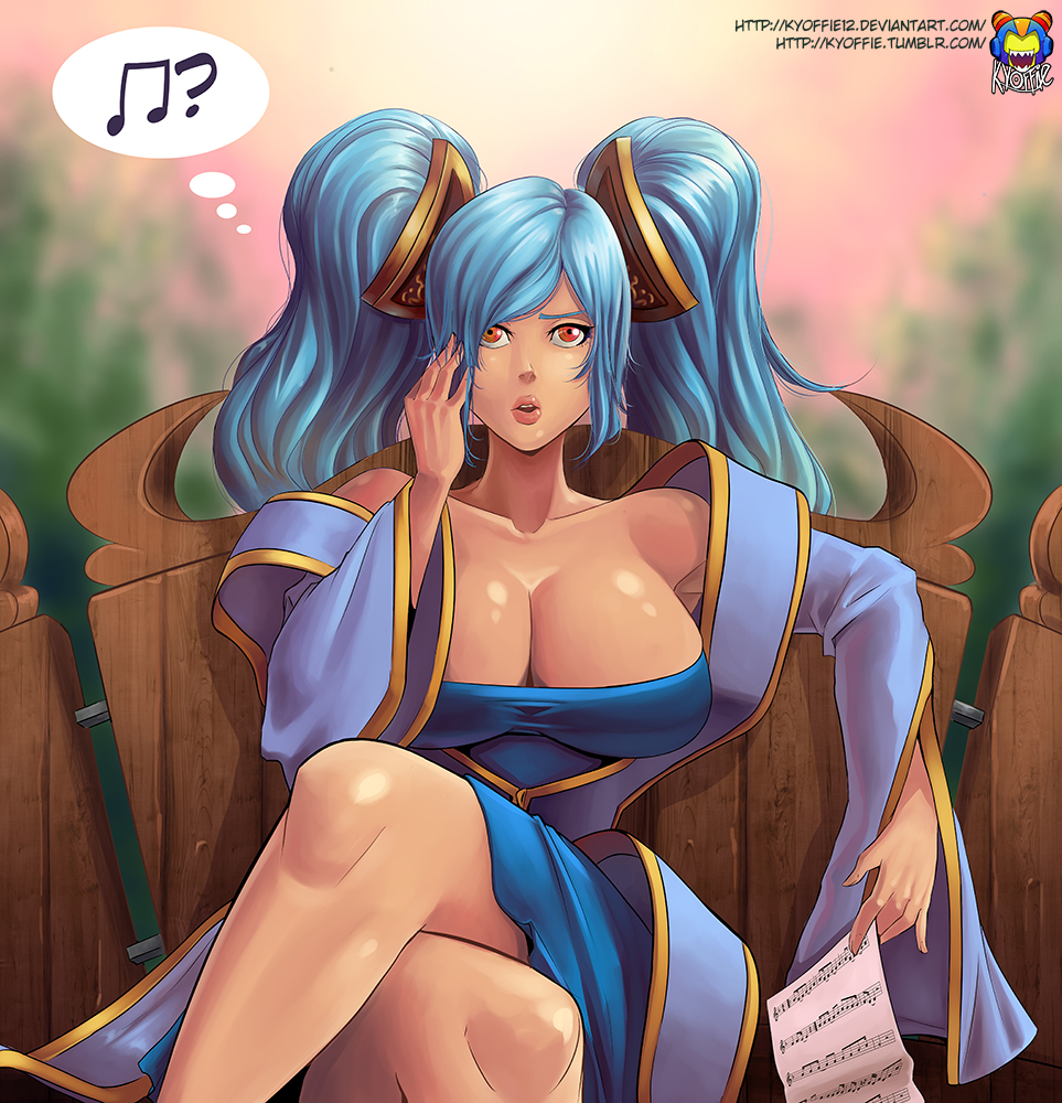 blue_dress blue_eyes breasts cleavage dress huge_breasts kyoffie12 league_of_legends lips musical_note musical_note_print sona_buvelle thought_bubble