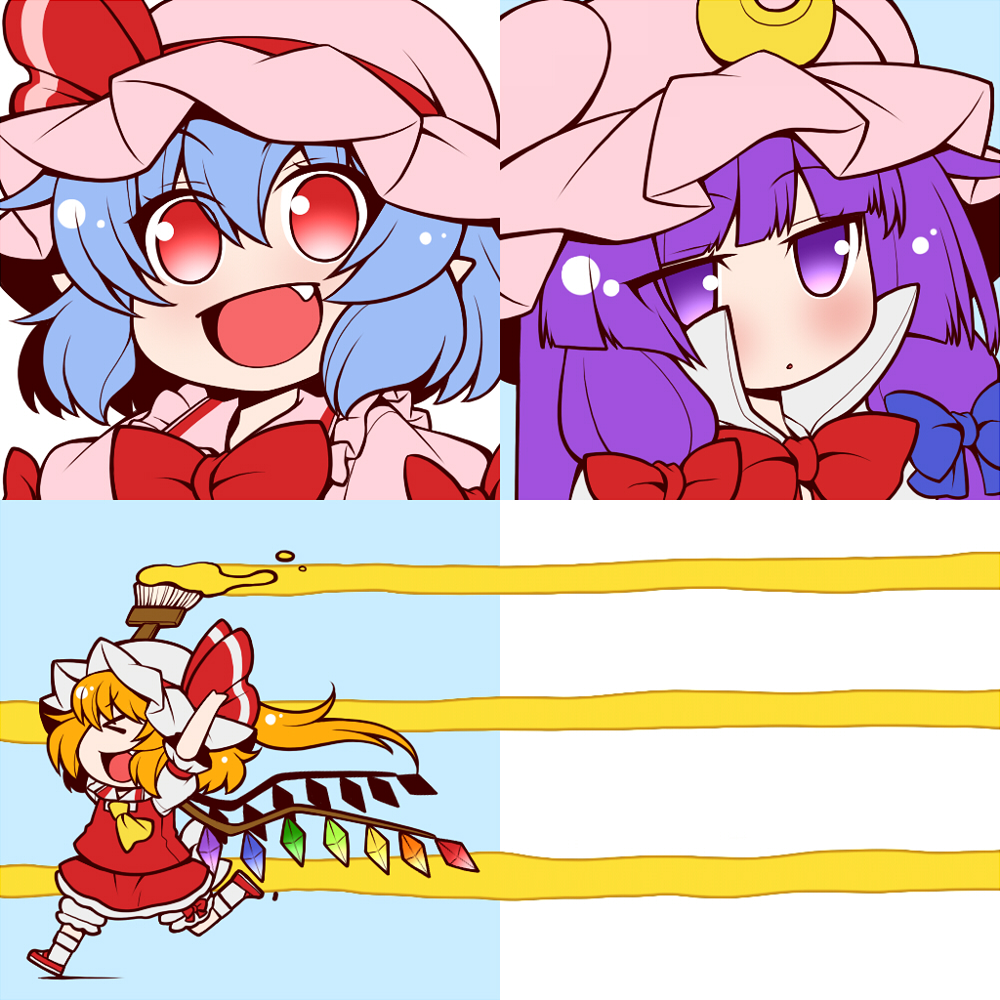 &gt;_&lt; 3girls aqua_hair ascot blonde_hair bow brush crescent eichi_yuu fang flandre_scarlet flat_gaze hair_bow hair_ornament hair_ribbon hands_up hat multiple_girls open_mouth patchouli_knowledge pointy_ears purple_hair red_eyes remilia_scarlet ribbon running short_hair simple_background smile tagme touhou violet_eyes wings