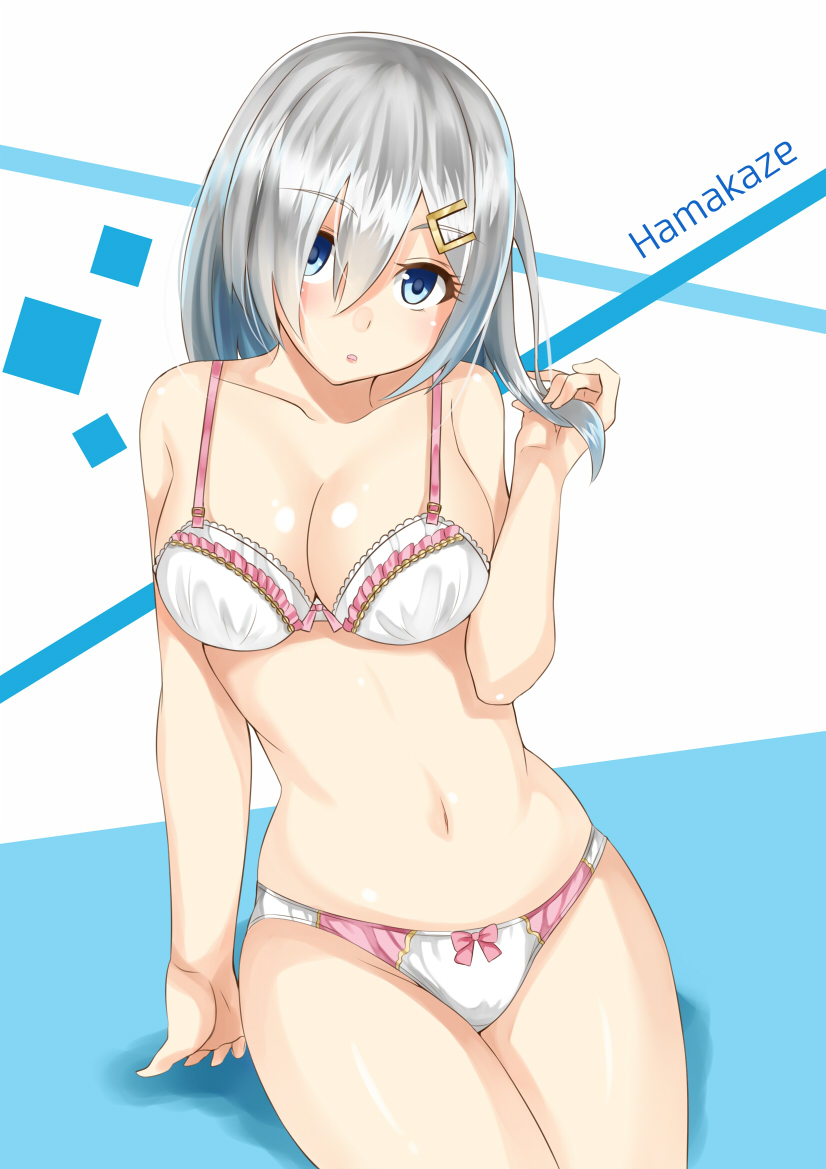 1girl blue_eyes bra breasts character_name cleavage hair_ornament hair_over_one_eye hairclip hamakaze_(kantai_collection) kantai_collection lingerie looking_at_viewer panties short_hair silver_hair solo underwear white_bra white_panties xsorax812