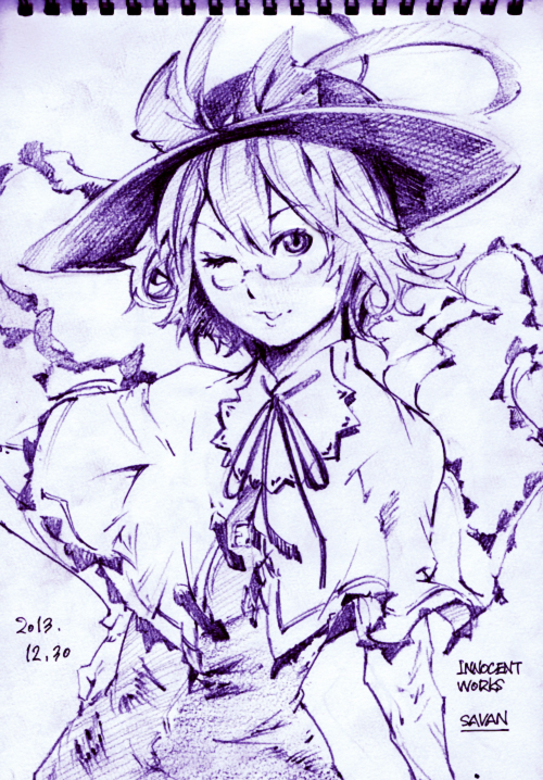 1girl artist_name bespectacled bow capelet dated frills glasses hand_on_hip hat looking_at_viewer monochrome nagae_iku one_eye_closed purple_hair ribbon savan shawl short_hair sketch solo thank_you touhou