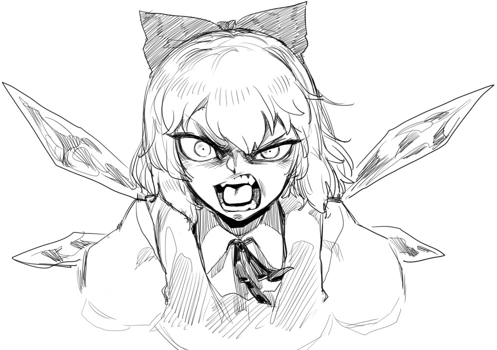 1girl angry bust cirno fang ice ice_wings monochrome open_mouth short_hair solo space_jin touhou wings