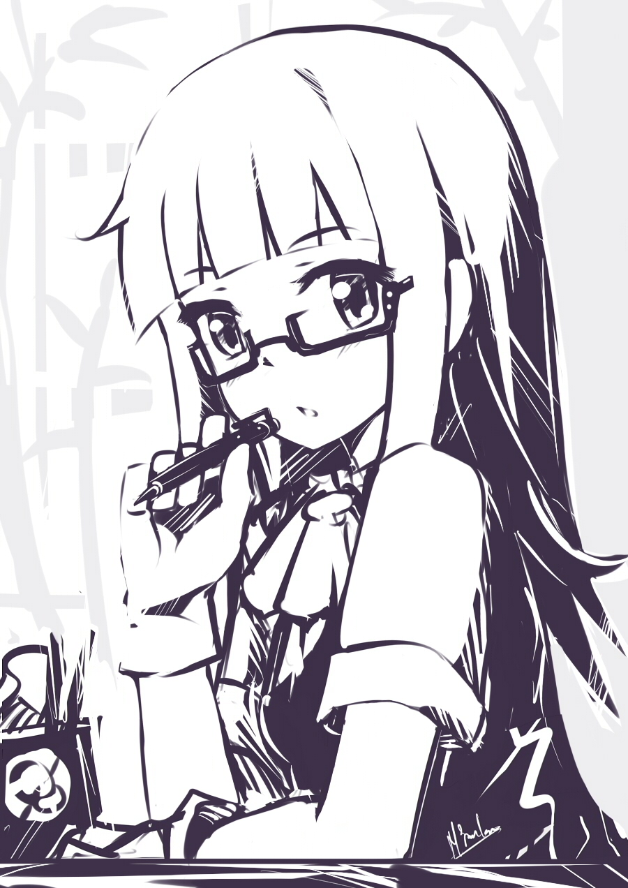 1girl bangs bespectacled blunt_bangs glasses gloves hatsukaze_(kantai_collection) highres kantai_collection long_hair looking_at_viewer mmrailgun monochrome pen school_uniform solo