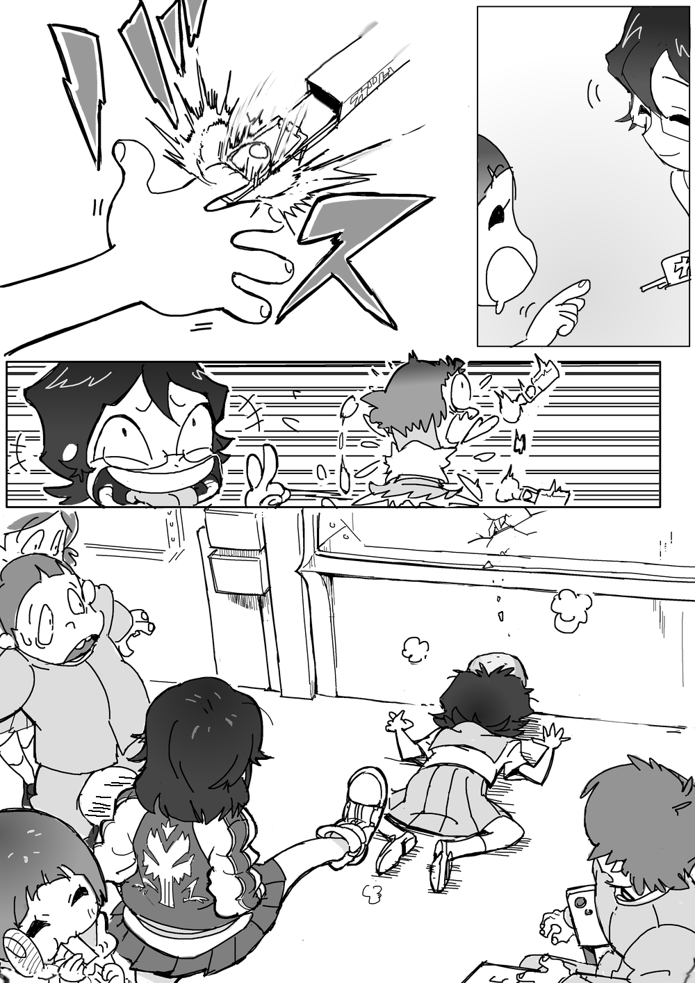 comic highres jyaddena kicking kill_la_kill laughing mankanshoku_mako matoi_ryuuko monochrome oogure_maiko prank smile