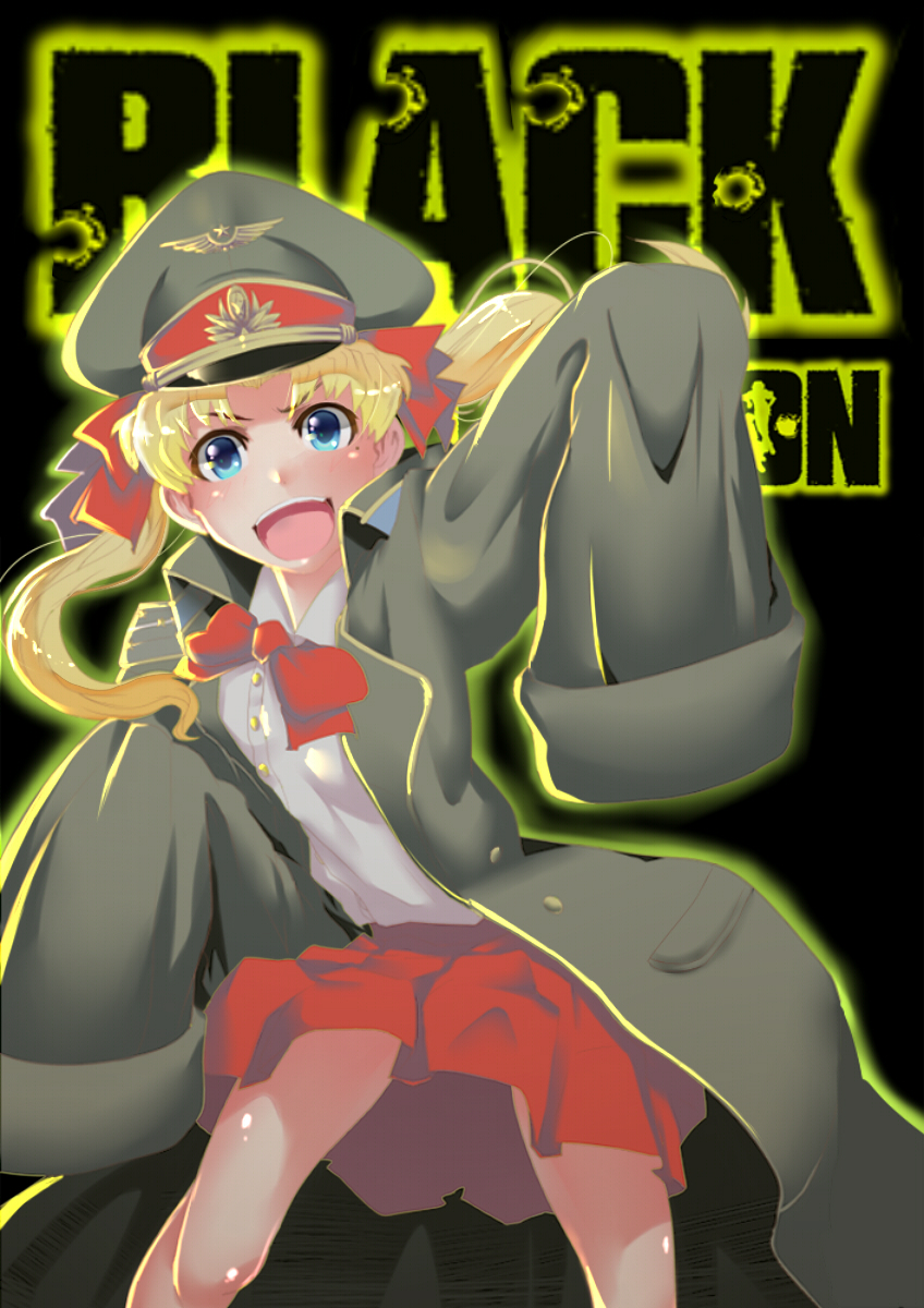 1girl balalaika black_lagoon blonde_hair blue_eyes bow cover fake_cover gajumaru09 hat highres long_coat open_mouth oversized_clothes peaked_cap school_uniform skirt sleeves_past_wrists smile solo twintails younger