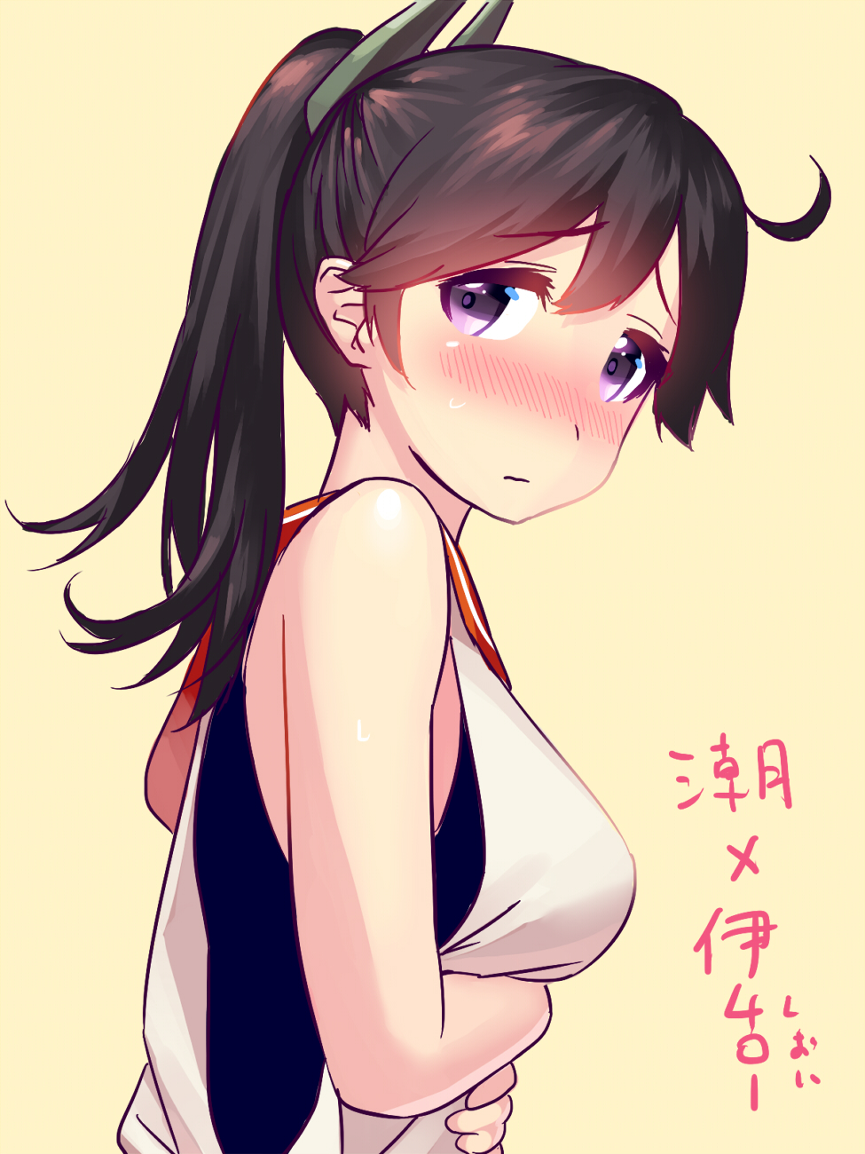 1girl bare_shoulders blew_andwhite blush breasts brown_hair hands_on_stomach highres i-401_(kantai_collection) i-401_(kantai_collection)_(cosplay) kantai_collection ponytail school_swimsuit short_hair solo sweat swimsuit translated ushio_(kantai_collection) violet_eyes wavy_mouth yellow_background