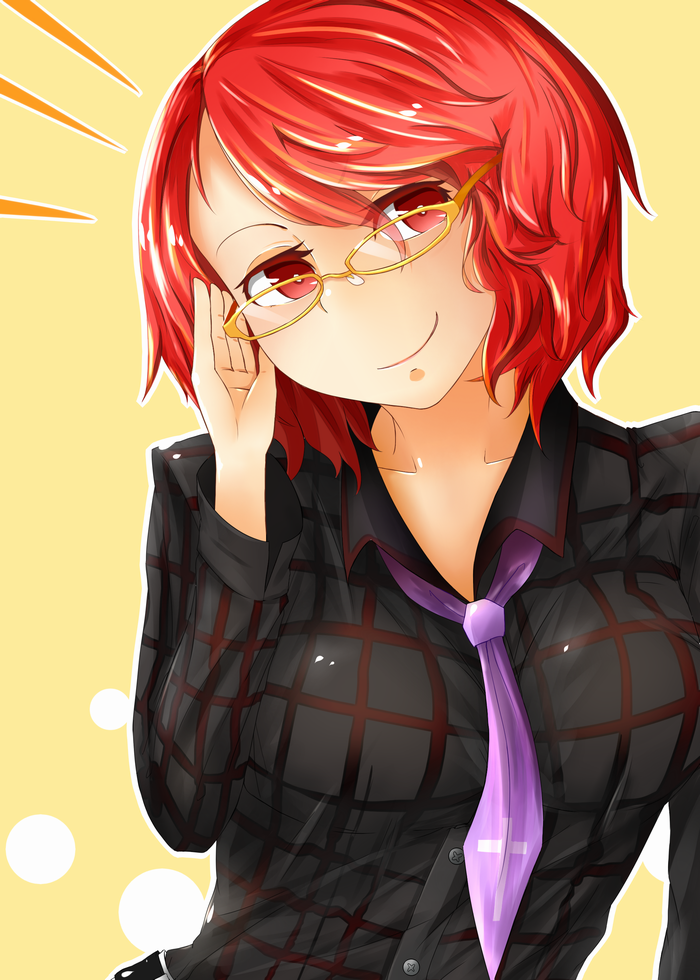 1girl adjusting_glasses bespectacled breasts bust colored_eyelashes glasses head_tilt horikawa_raiko kaisenpurin long_sleeves looking_at_viewer necktie no_jacket plaid plaid_shirt red_eyes redhead short_hair simple_background smirk solo touhou yellow-framed_glasses yellow_background