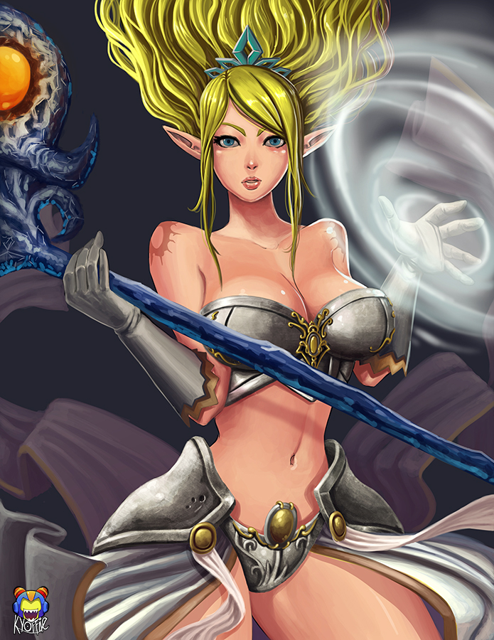 blonde_hair breasts cleavage elbow_gloves gloves janna_windforce kyoffie12 league_of_legends lips staff