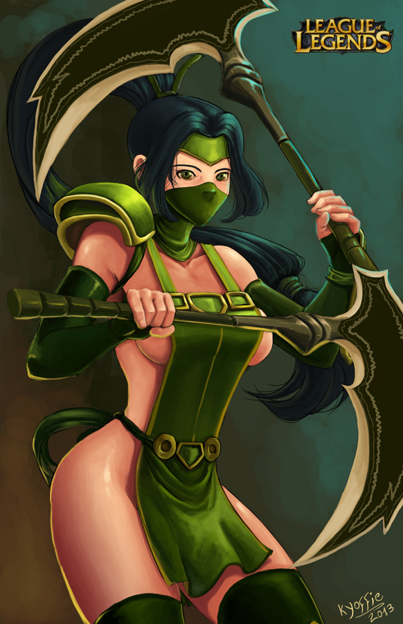 akali apron breasts fingerless_gloves gloves green_eyes kama_(weapon) kyoffie12 large_breasts league_of_legends mask naked_apron ninja ponytail sickle sideboob thigh-highs