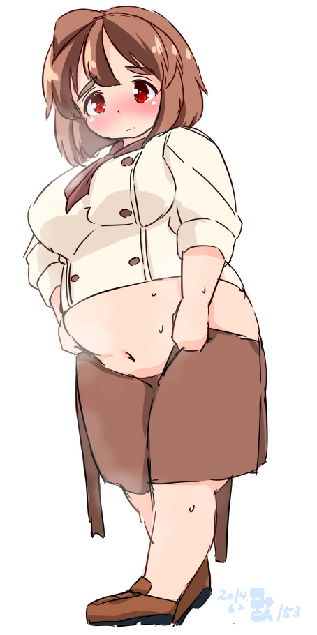 ascot big_belly blush breasts brown_hair chef_uniform dressing eno_konoe eyebrows fat frown large_breasts loafers midriff mikomu navel original red_eyes shoes skirt sleeves_rolled_up sweat thick_eyebrows