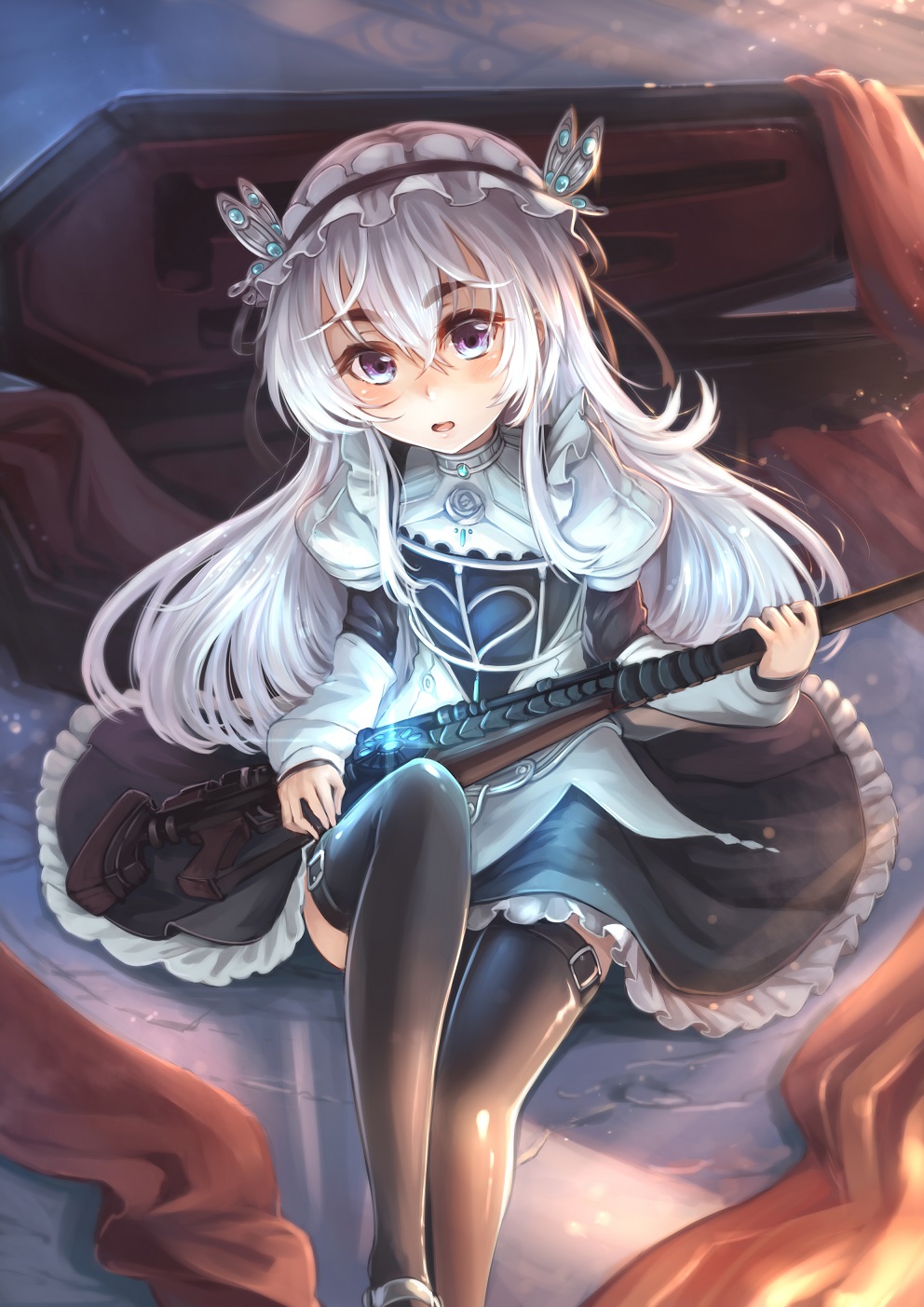 1girl blush boots butterfly_hair_ornament chaika_trabant dress frills gun hair_ornament hair_ribbon hairband highres hitsugi_no_chaika ks lolita_hairband long_hair looking_at_viewer puffy_sleeves ribbon rifle silver_hair sitting solo thigh-highs thigh_boots violet_eyes weapon