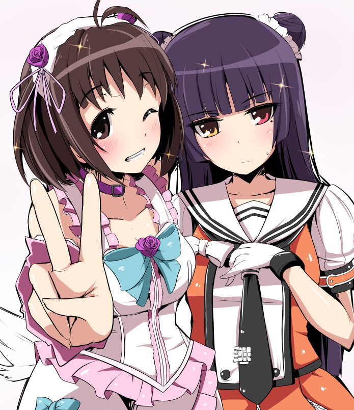 2girls ;) blush brown_hair collar double_bun dress frills gloves gokou_ruri gokou_ruri_(cosplay) hairband heterochromia kantai_collection kichi8 long_hair looking_at_viewer multiple_girls naka_(kantai_collection) naka_(kantai_collection)_(cosplay) one_eye_closed ore_no_imouto_ga_konna_ni_kawaii_wake_ga_nai pink_eyes purple_hair smile v wink yellow_eyes