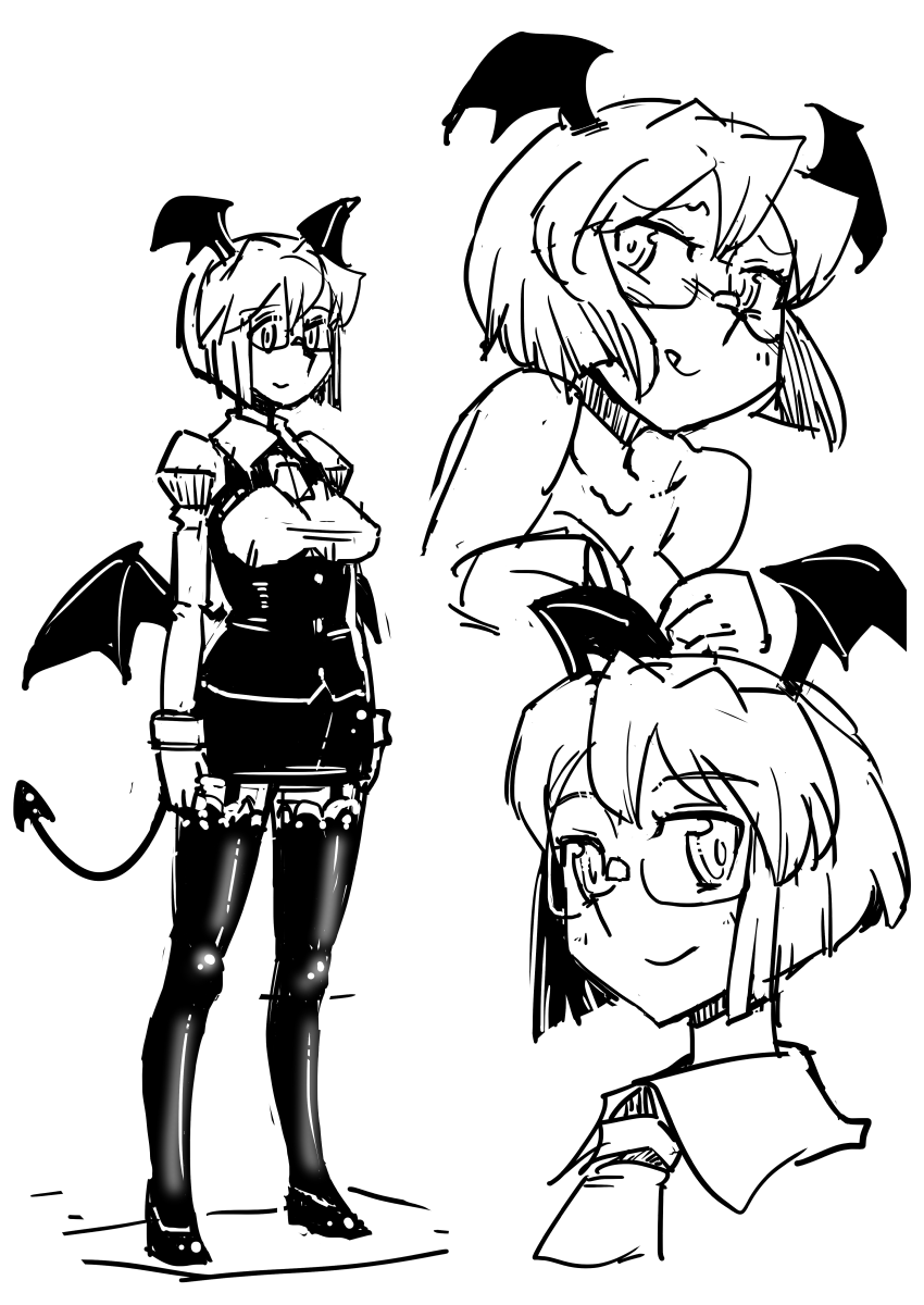 1girl :q alternate_hair_length alternate_hairstyle bat_wings bespectacled black_legwear breasts cleavage clothed_nipples demon_tail dress_shirt full_body garter_straps glasses head_wings highres juliet_sleeves koakuma large_breasts long_sleeves looking_at_viewer low_wings maru_rx monochrome necktie puffy_sleeves shirt shoes simple_background sketch smile tail taut_clothes taut_shirt thigh-highs tongue touhou undressing vest white_background white_shirt wings zettai_ryouiki