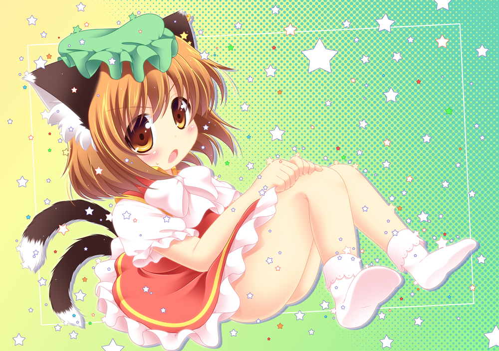 1girl animal_ears ass bow brown_eyes brown_hair cat_ears cat_tail chen ear_piercing jewelry lying mob_cap multiple_tails no_panties on_back open_mouth piercing pila-pela puffy_short_sleeves puffy_sleeves shirt short_sleeves single_earring skirt skirt_set solo star tail touhou vest