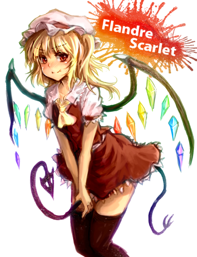 1girl black_legwear blonde_hair blush character_name demon_tail fang flandre_scarlet freeze-ex hat red_eyes short_hair side_ponytail skirt skirt_set smile solo tail tail_hold thigh-highs touhou wings