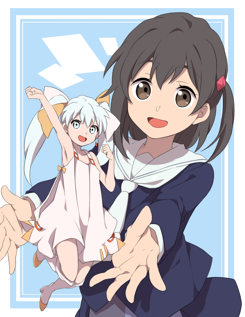 2girls :d armpits bare_shoulders black_hair boots brown_eyes dress earrings grey_eyes hair_ornament hair_ribbon highres jewelry kominato_ruuko long_hair long_sleeves multiple_girls open_mouth outstretched_arms ribbon school_uniform sekina selector_infected_wixoss side_ponytail sleeveless smile tama_(selector_infected_wixoss) twintails white_dress white_hair white_legwear