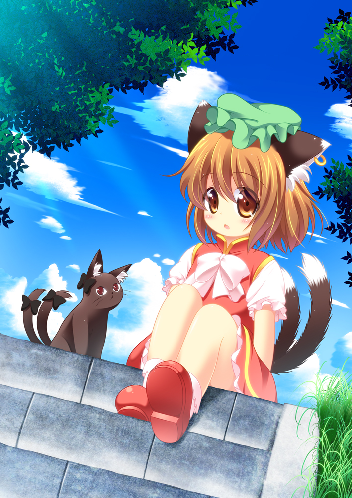 1girl animal_ears blue_sky bow brown_eyes brown_hair cat cat_ears cat_tail chen clouds ear_piercing grass jewelry looking_at_viewer mob_cap multiple_tails nekomata piercing pila-pela puffy_short_sleeves puffy_sleeves red_shoes shirt shoes short_sleeves single_earring sitting skirt skirt_set sky solo stairs tail tail_bow touhou vest