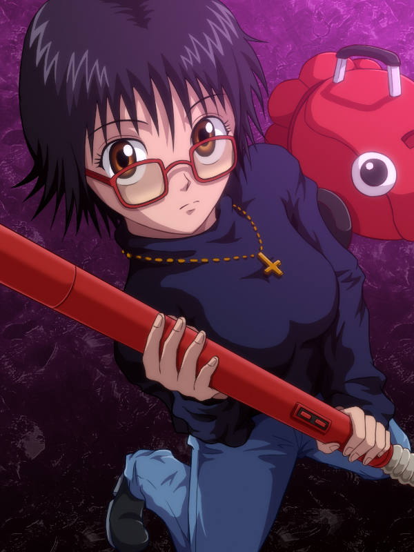 1girl 4414gf91 black_hair brown_eyes eyelashes glasses hunter_x_hunter looking_at_viewer pullover shizuku_(hunter_x_hunter) shoes short_hair solo tagme