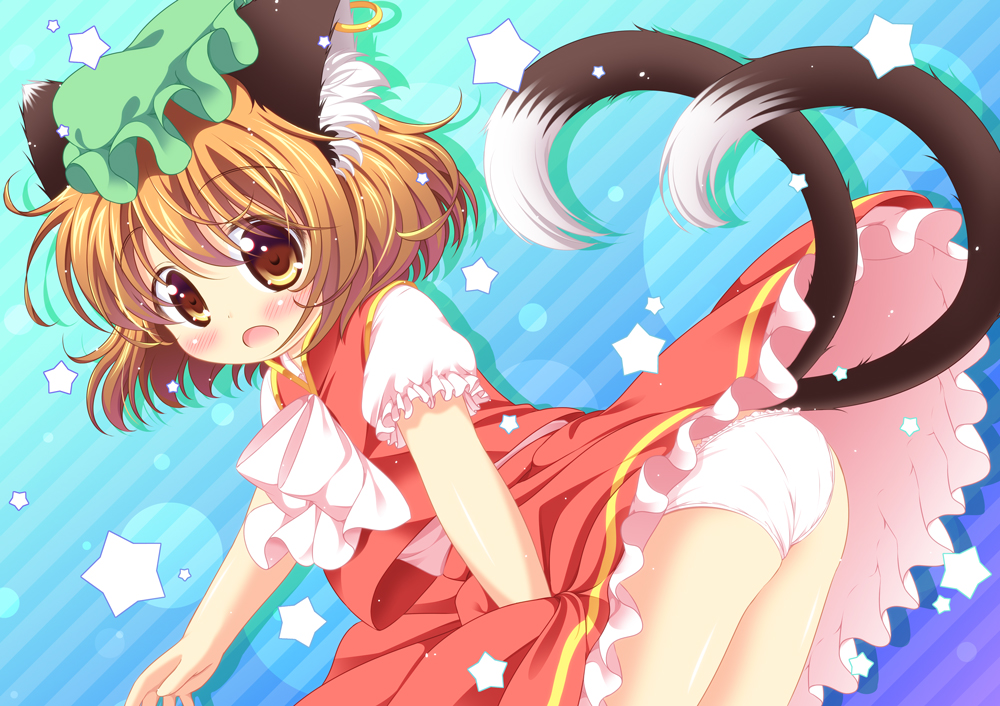 1girl animal_ears ass blush bow brown_eyes brown_hair cat_ears cat_tail chen ear_piercing jewelry looking_at_viewer mob_cap multiple_tails open_mouth panties piercing pila-pela puffy_short_sleeves puffy_sleeves shirt short_sleeves single_earring skirt skirt_set solo star striped striped_background tail touhou underwear upskirt vest white_panties
