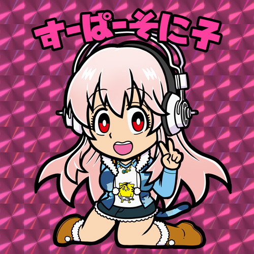 1girl blush breasts cat_tail chibi headphones ichi/mine large_breasts long_hair looking_at_viewer lowres nitroplus open_mouth pink_hair pom_pom_(clothes) red_eyes smile solo super_sonico tail v