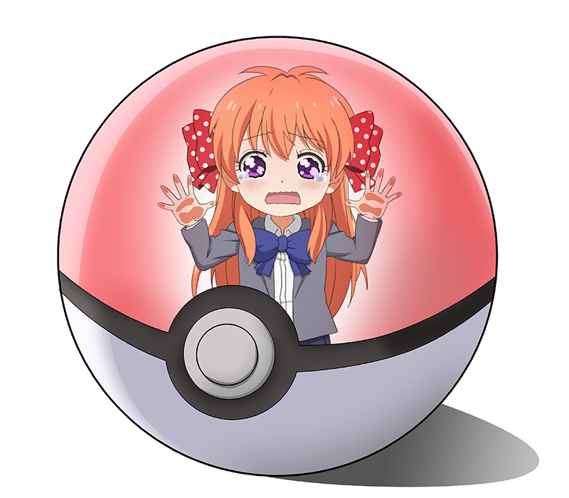 1girl against_glass blush bow crying gekkan_shoujo_nozaki-kun hiro_23_kura long_hair open_mouth orange_hair poke_ball pokemon polka_dot polka_dot_bow sakura_chiyo solo violet_eyes wavy_mouth