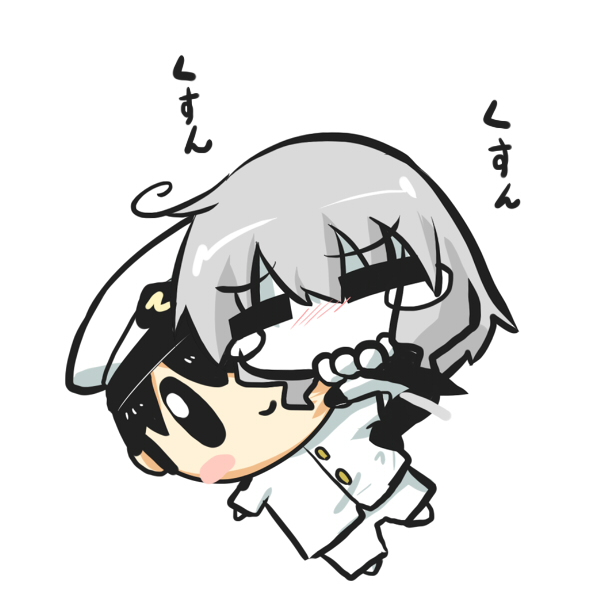 0_0 1girl =_= admiral_(kantai_collection) ahoge blush blush_stickers chibi commentary_request gomasamune headwear_removed hug kantai_collection naval_uniform pale_skin shinkaisei-kan short_hair silver_hair simple_background smile stuffed_toy tagme tears translation_request white_background wo-class_aircraft_carrier