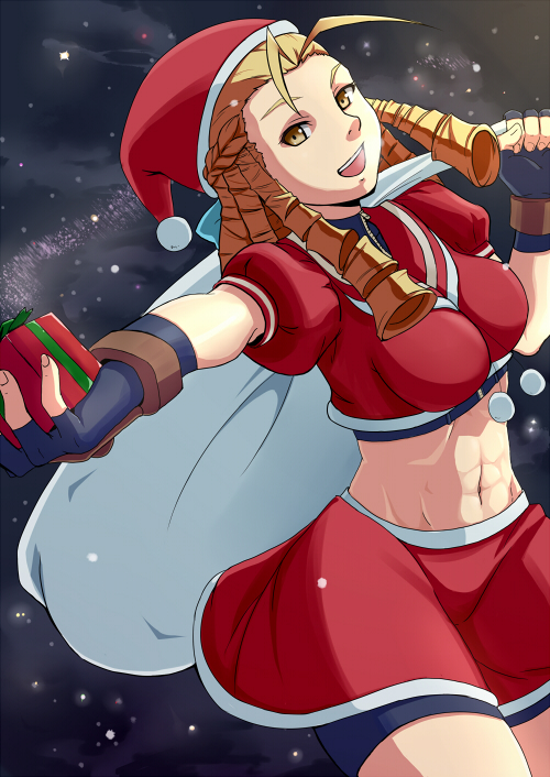 1girl abs adapted_costume antenna_hair bike_shorts blonde_hair christmas crop_top dangorou_(yushi-art) fingerless_gloves gift gloves hat impossible_clothes kanzuki_karin long_hair midriff navel outstretched_hand ringlets sack santa_hat shorts_under_skirt solo street_fighter yellow_eyes