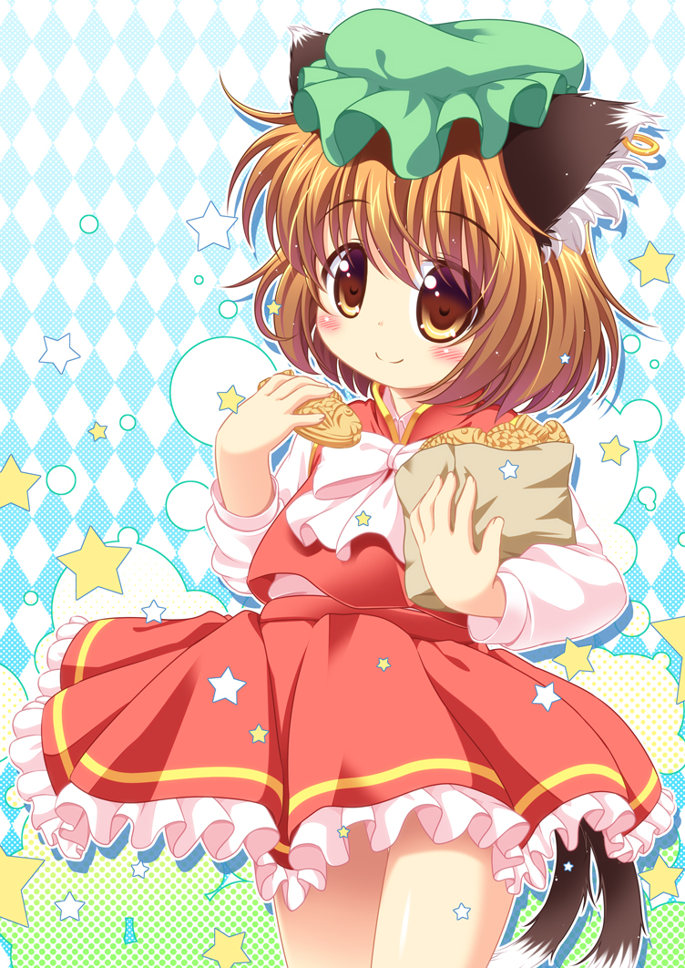 1girl animal_ears argyle argyle_background bag bow brown_eyes brown_hair cat_ears cat_tail chen ear_piercing food jewelry long_sleeves looking_at_viewer mob_cap multiple_tails piercing pila-pela shirt shopping_bag single_earring skirt skirt_set smile solo star tail taiyaki touhou vest wagashi
