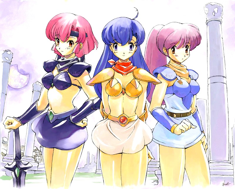 3girls armor asou_yuko bikini_armor mugen_senshi_varisu multiple_girls reiko_kirishima rena sega telenet uchiu_kazuma valis