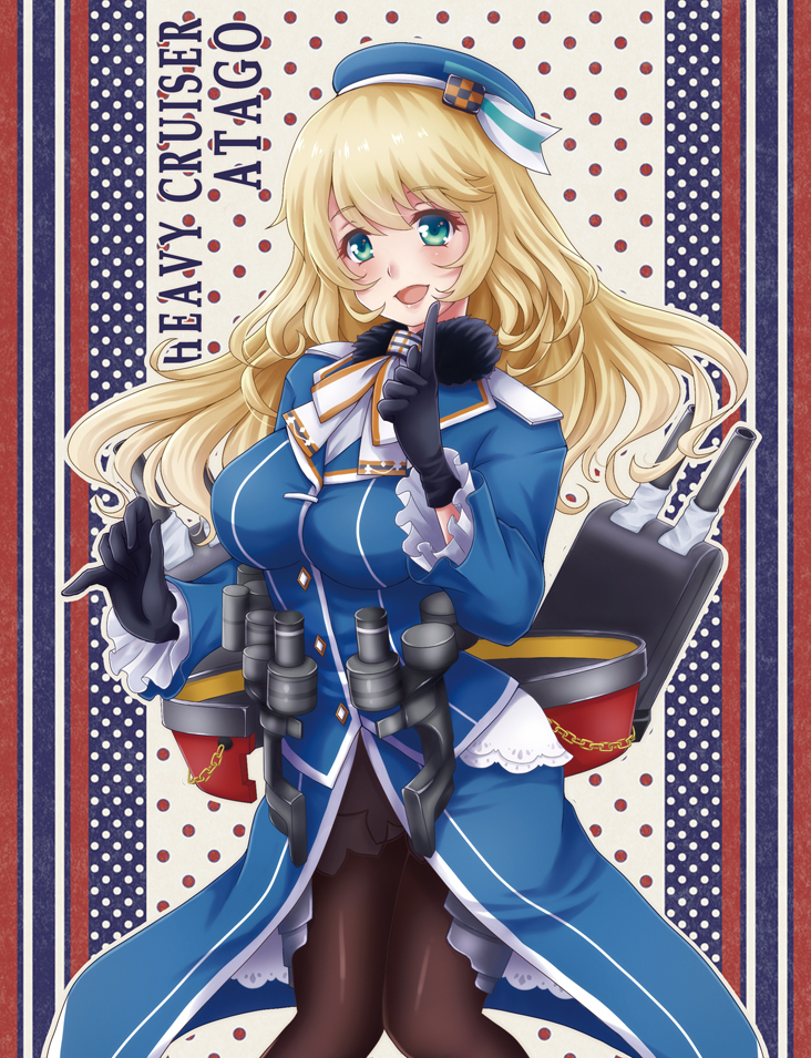 1girl atago_(kantai_collection) beret black_gloves black_legwear blonde_hair blouse breasts cannon character_name gloves green_eyes hat jacket kantai_collection lips long_hair military military_uniform mitsucho open_mouth pantyhose personification skirt smile solo turret uniform