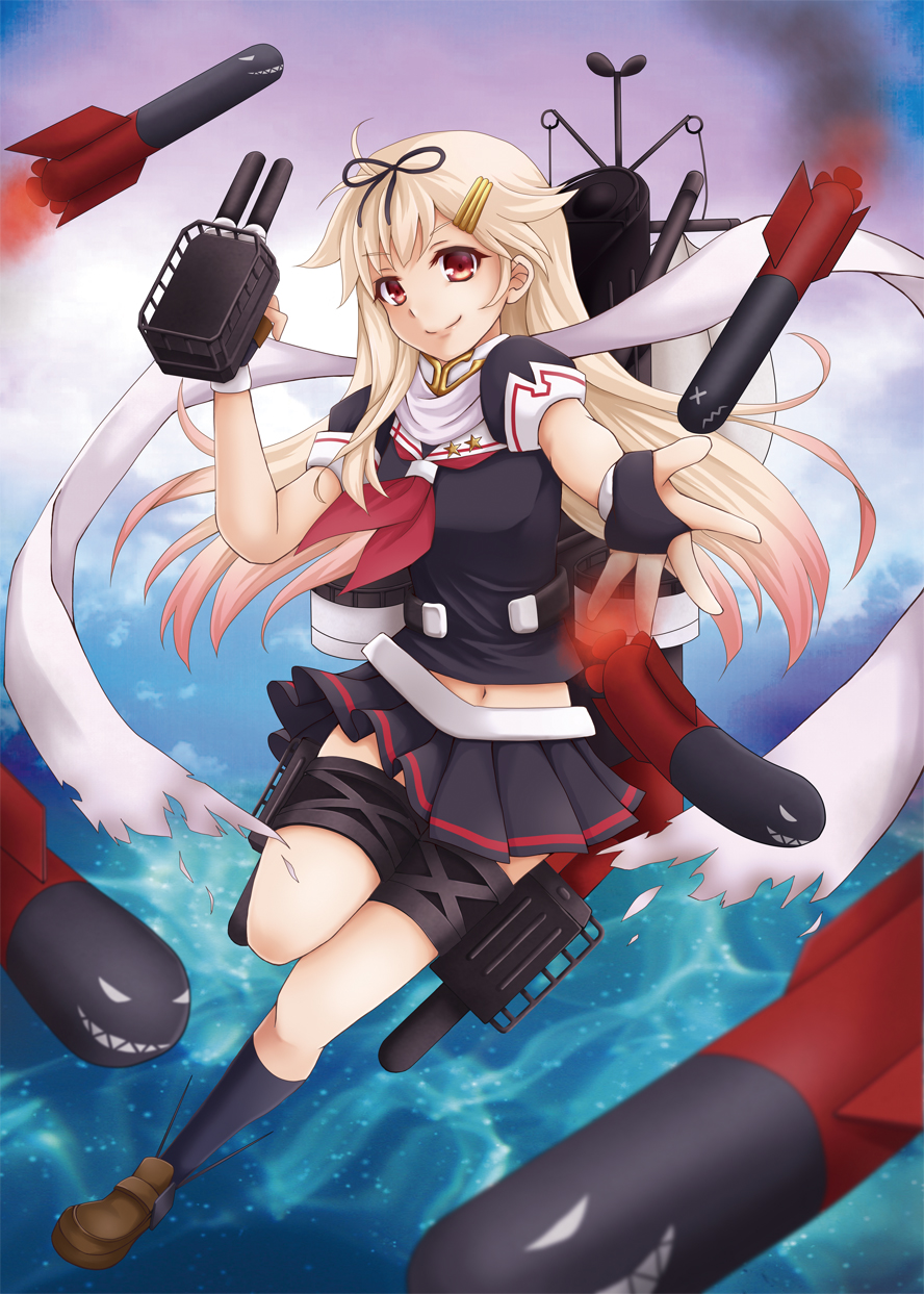 1girl blonde_hair blouse bow cannon gloves gun hair_bow hair_ornament hair_ribbon hairclip highres kantai_collection long_hair messy_hair mitsucho open_mouth personification red_eyes ribbon school_uniform serafuku short_sleeves skirt smile solo torpedo turret weapon yuudachi_(kantai_collection)