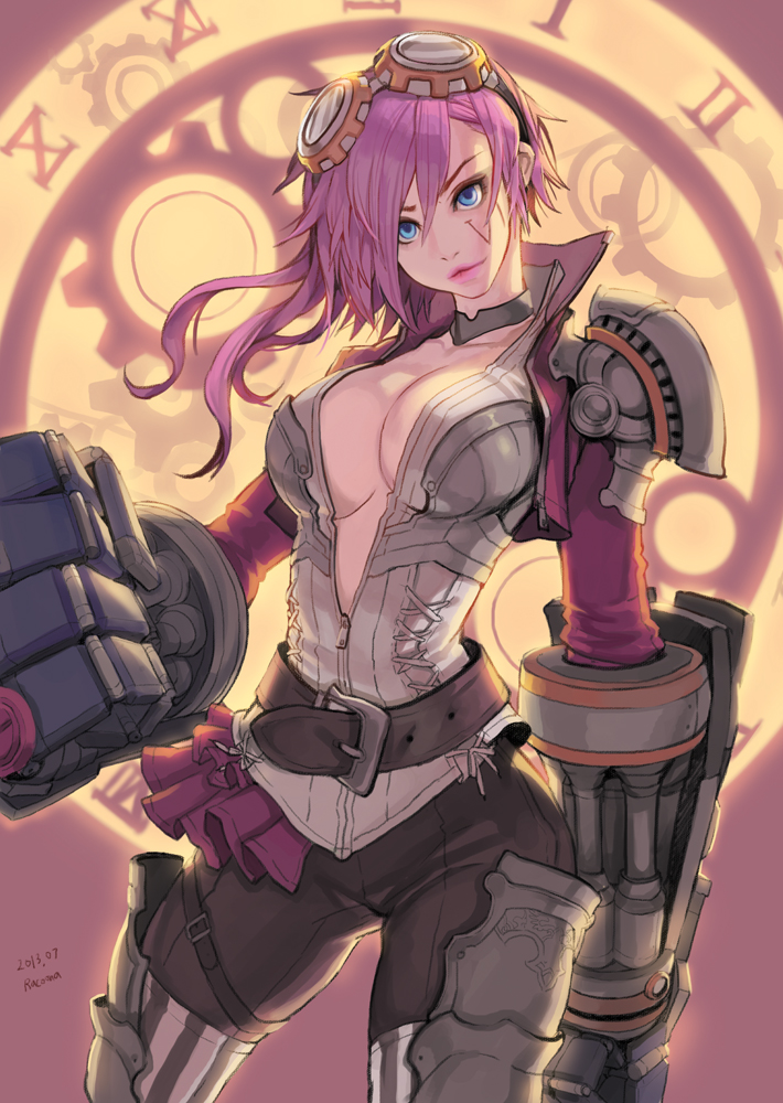 1girl armor belt blue_eyes breasts clock dated gauntlets gears goggles large_breasts league_of_legends light_smile lips long_hair looking_at_viewer pink_hair racoona solo striped striped_legwear thigh-highs unzipped vi_(league_of_legends)