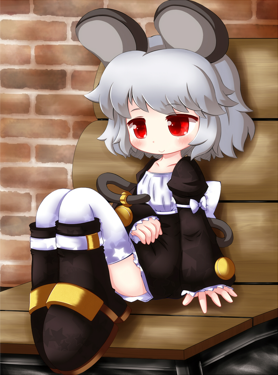 1girl alternate_costume animal_ears bench blush boots casual cocozasa grey_hair highres mouse_ears mouse_tail nazrin red_eyes sitting smile solo tagme tail thigh-highs touhou white_legwear