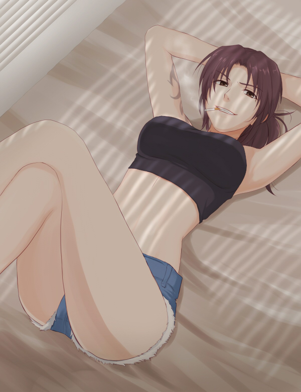 1girl black_lagoon brown_hair chro_htm cigarette denim denim_shorts long_hair ponytail revy shorts smoking solo tattoo