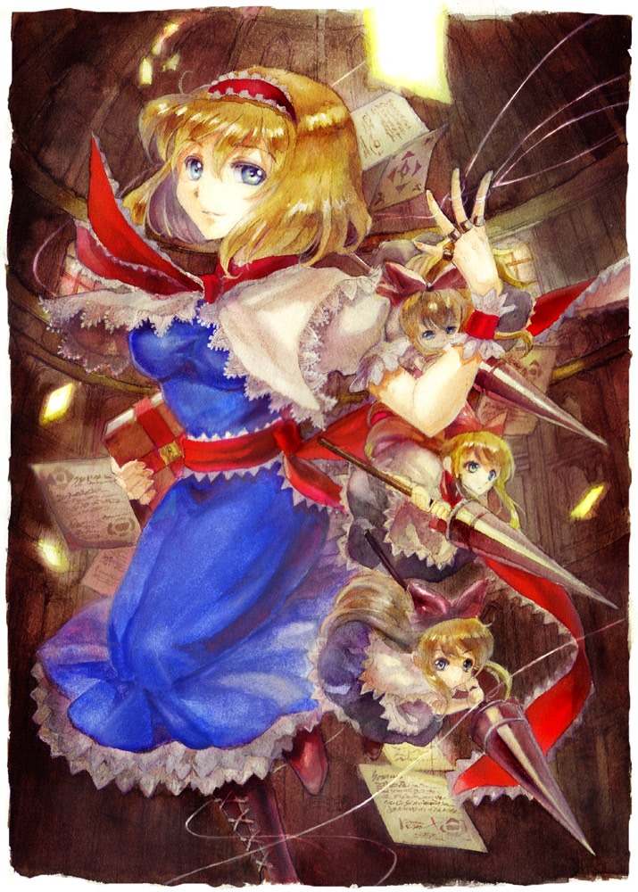 1girl alice_margatroid blonde_hair blue_eyes book bow breasts capelet color_ink_(medium) cross-laced_footwear dress facing_away flying grimoire hair_bow hairband indoors keiko_(mitakarawa) lance leg_up light_smile lips lolita_hairband long_hair looking_at_viewer paint_(medium) paper polearm puffy_short_sleeves puffy_sleeves puppet_rings puppet_strings raised_hand ribbon sash shanghai_doll short_hair short_sleeves solo spread_fingers touhou traditional_media weapon window wrist_cuffs