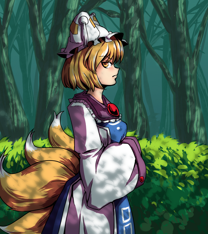 1girl blonde_hair bush dress forest fox_tail frown hands_in_sleeves hat hat_with_ears looking_at_viewer multiple_tails nature profile short_hair side_glance solo tabard tail tassel toluda touhou yakumo_ran yellow_eyes