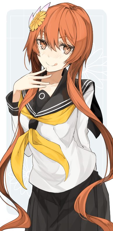 1girl :p blush brown_eyes brown_hair finger_to_mouth flower flower_on_head hair_ornament looking_at_viewer miruto_netsuki nisekoi school_uniform serafuku short_hair short_hair_with_long_locks smile solo tachibana_marika tagme tongue