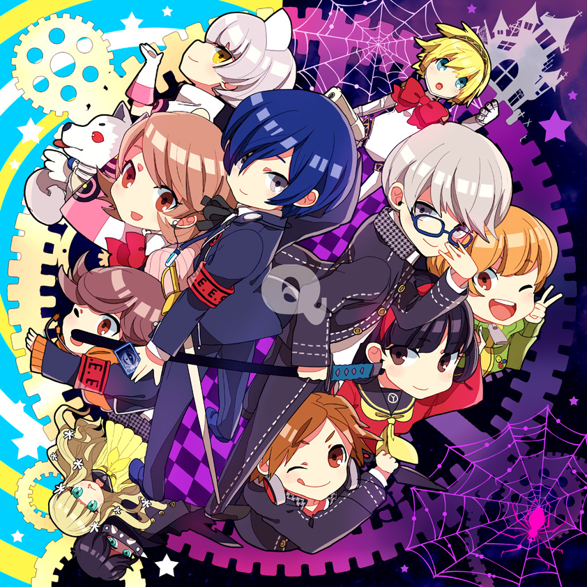 5boys 6+girls ;) ;q aegis amada_ken amagi_yukiko android aqua_eyes arisato_minato armband black_hair blonde_hair blue_eyes blue_hair brown_eyes brown_hair castle collar dark_skin elizabeth_(persona) flower grey_hair hair_flower hair_ornament hanamura_yousuke headphones houhou_(black_lack) koromaru long_hair multiple_boys multiple_girls narukami_yuu one_eye_closed persona persona_3 persona_4 persona_q rei_(persona_q) ribbon robot s.e.e.s satonaka_chie school_uniform short_hair skirt spider spider_web spiked_collar spikes sword tongue tongue_out v weapon wink yuuki_makoto zen_(persona_q)