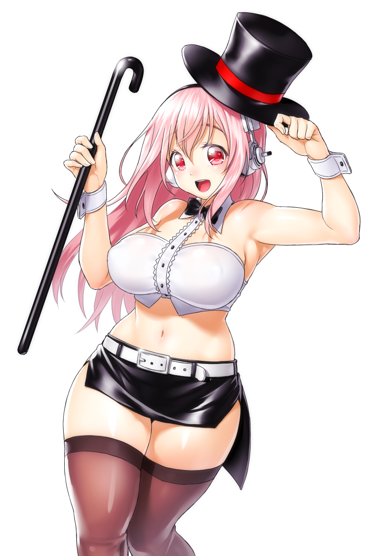 1girl belt cane curvy hat midriff navel nitroplus onsoku_maru open_mouth pink_eyes pink_hair skirt solo super_sonico thick_thighs thighhighs thighs top_hat wrist_cuffs