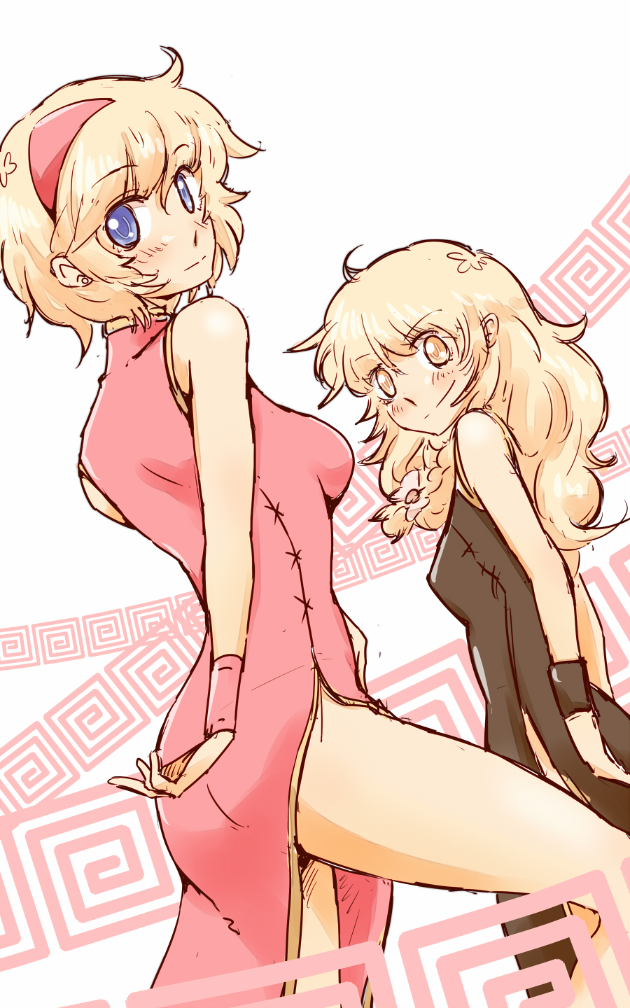 2girls alice_margatroid alternate_costume bare_arms black_dress blonde_hair blue_eyes braid breasts china_dress chinese_clothes dress hairband highres kirisame_marisa looking_at_viewer multiple_girls non_(z-art) red_dress side_slit single_braid sleeveless sleeveless_dress touhou yellow_eyes