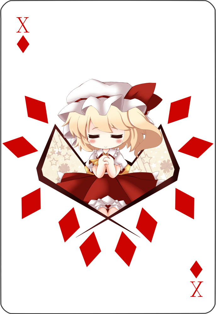 1girl ascot blonde_hair blush chibi closed_eyes cocozasa flandre_scarlet hands_together hat side_ponytail simple_background smile solo tagme touhou white_background wings
