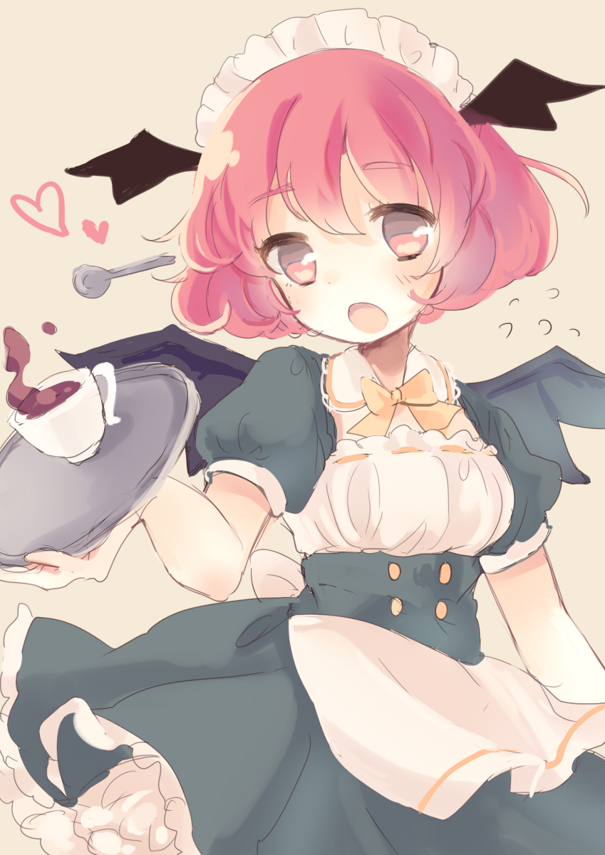 1girl apron bat_wings black_hair bow cup demon_wings flying_sweatdrops head_wings highres karunabaru koakuma maid maid_headdress open_mouth pink_eyes pink_hair puffy_short_sleeves puffy_sleeves short_hair short_sleeves solo spilling spoon teacup touhou tray waist_apron wings