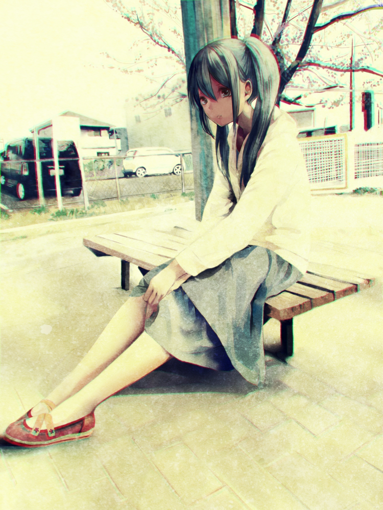 1girl aqua_eyes aqua_hair bench hatsune_miku hoodie long_hair sitting skirt solo tree twintails vocaloid