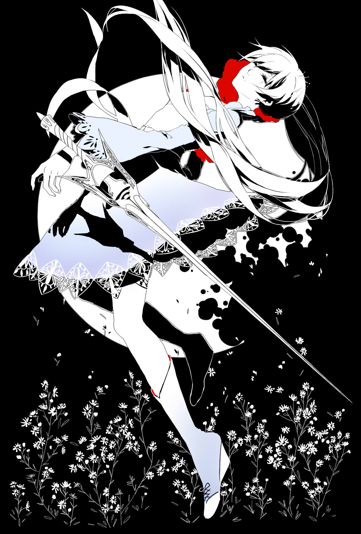 1girl boots closed_eyes commentary dress flower highres long_hair ppportia rwby solo sword tagme very_long_hair weapon weiss_schnee